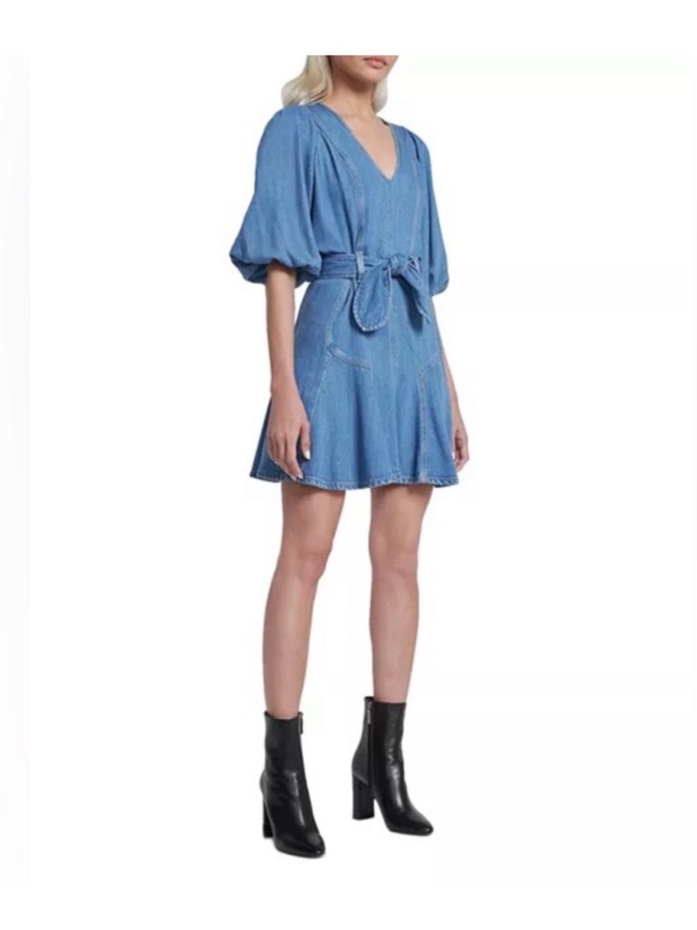 7 For All Mankind denim mini dress V-neckline voluminous puff lantern sleeve - Picture 10 of 11